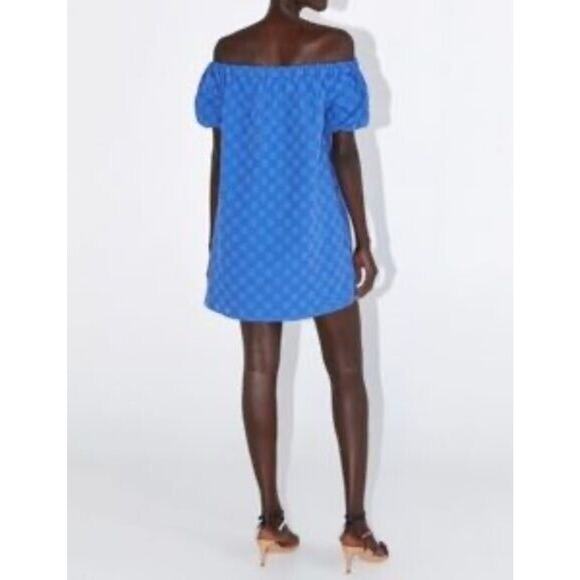 ZARA Off Shoulder Textured Eyelet Mini Sun Dress Balloon Sleeve Pockets M Blue - Picture 5 of 14